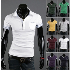 Stylish Casual Short Sleeve Solid Color Plaid Grid T-Shirt For Men
