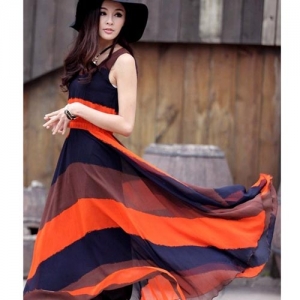 Women's Stylish Striped Sleeveless Long Chiffon Dress